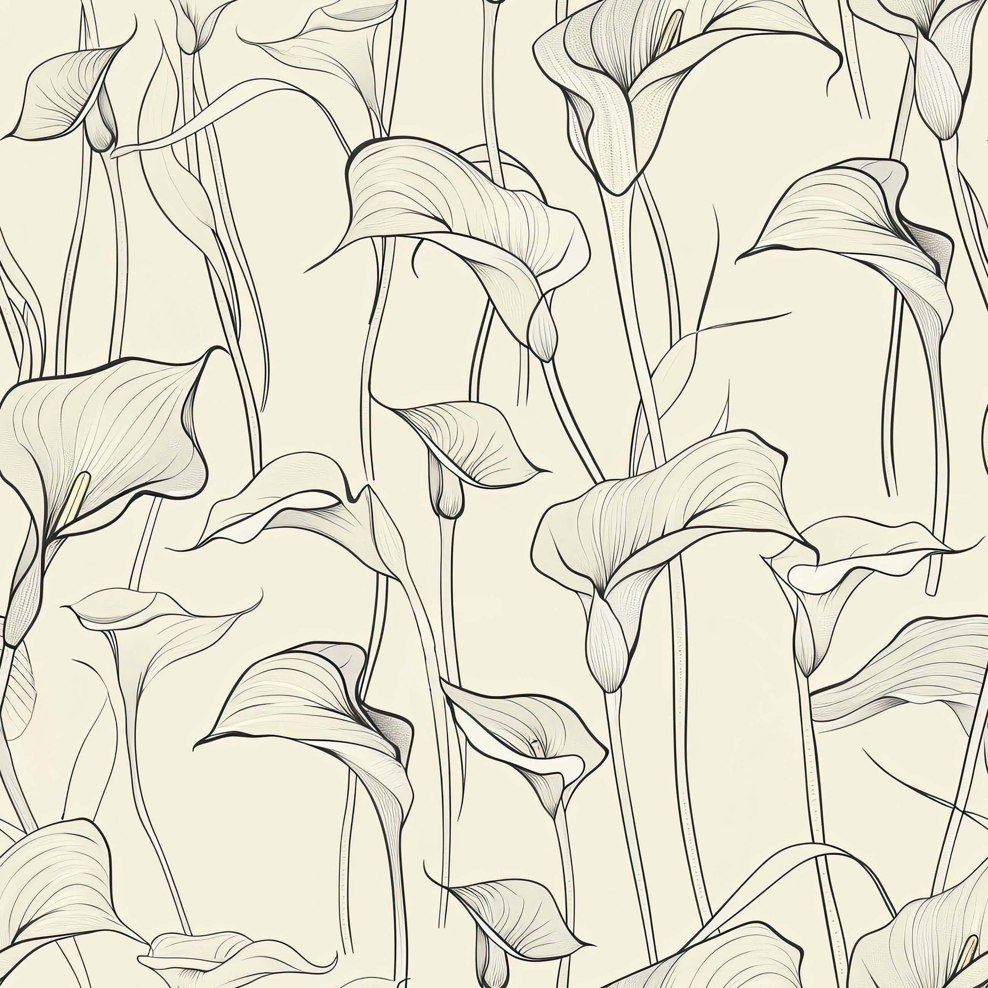 Graceful Lily Lines Wallpaper with monochrome calla lilies aligning elegantly on a warm neutral background, perfect for modern interiors.