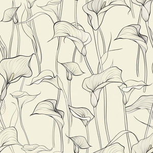 Graceful Lily Lines Wallpaper with monochrome calla lilies aligning elegantly on a warm neutral background, perfect for modern interiors.