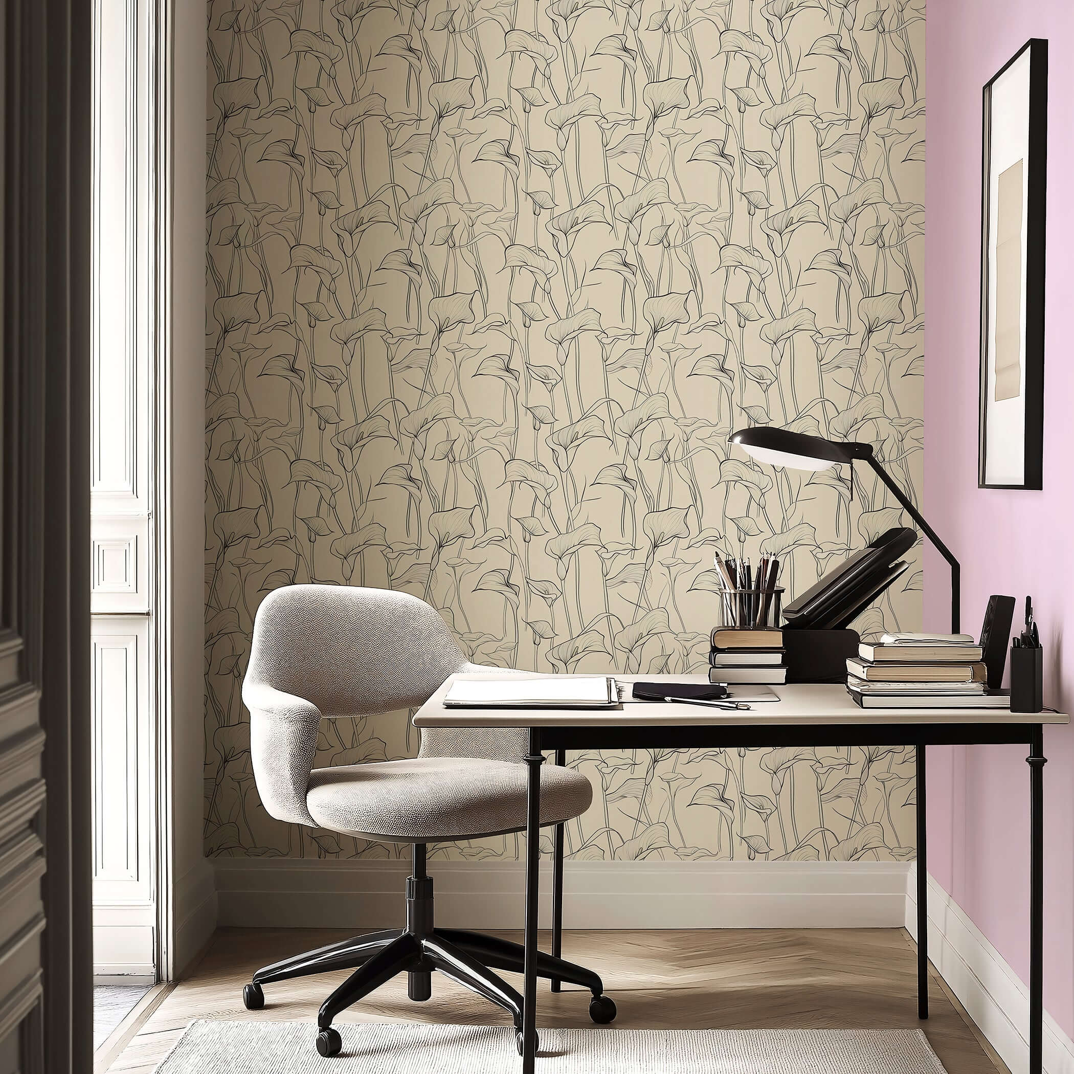 Monochromatic wallpaper with graceful calla lilies outlines in a modern, minimalist office setting. Contemporary design, neutral tones.