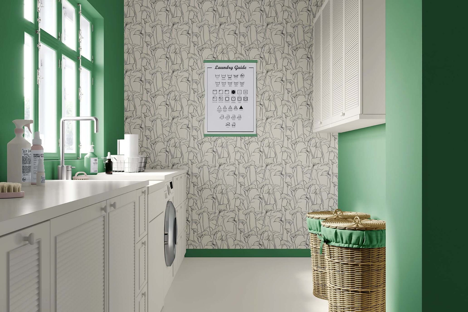 Modern laundry room with "Graceful Lily Lines" monochrome wallpaper featuring elegant lilies on a neutral background.