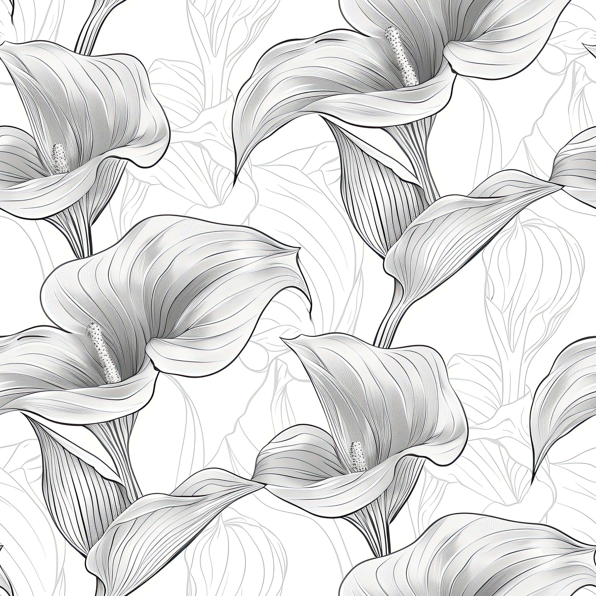 Monochrome Lily Grace Wallpaper featuring calla lilies in grayscale, showcasing modern design and classic elegance for tranquil spaces.