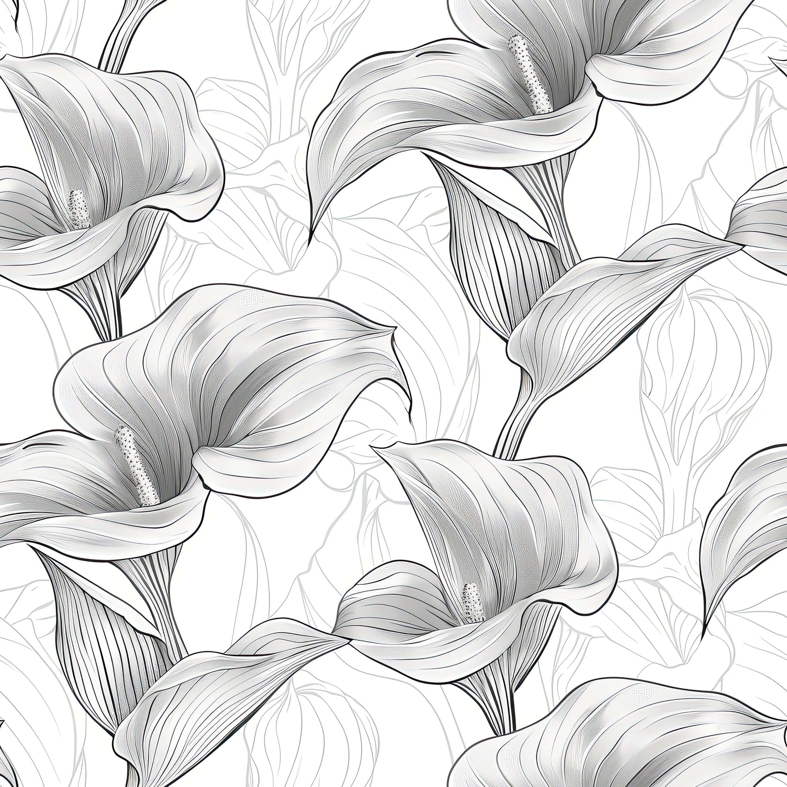 Monochrome Lily Grace Wallpaper featuring calla lilies in grayscale, showcasing modern design and classic elegance for tranquil spaces.