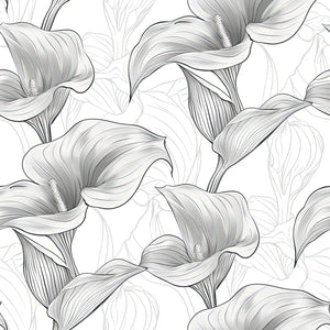 Monochrome Lily Grace Wallpaper featuring calla lilies in grayscale, showcasing modern design and classic elegance for tranquil spaces.