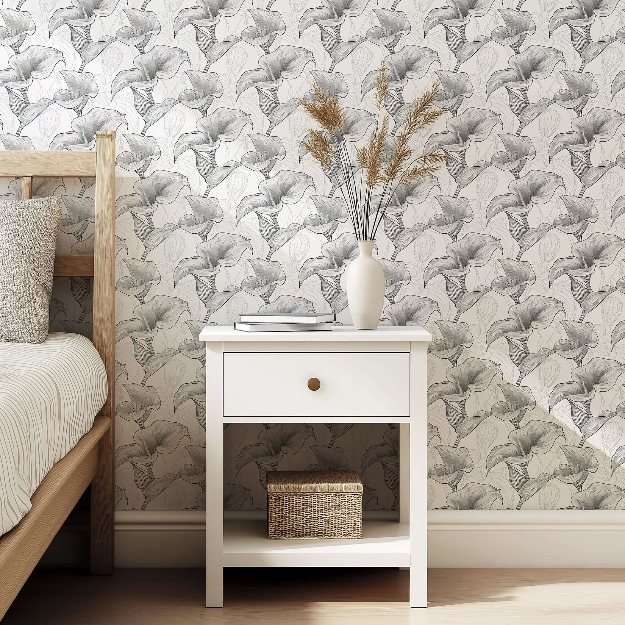 Monochrome Lily Grace wallpaper featuring elegant calla lilies in grayscale, enhancing a modern design for tranquil living spaces.