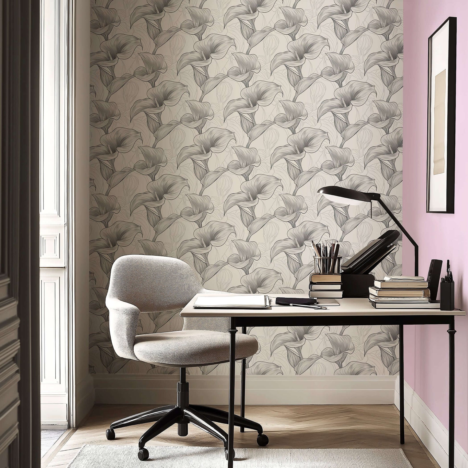 Monochrome Lily Grace wallpaper featuring elegant calla lilies in grayscale, enhancing a modern office space with refined style.