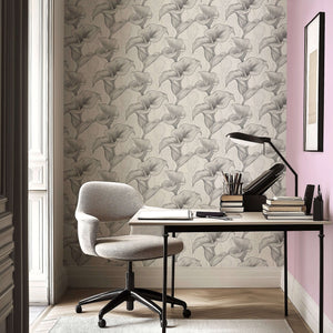 Monochrome Lily Grace wallpaper featuring elegant calla lilies in grayscale, enhancing a modern office space with refined style.