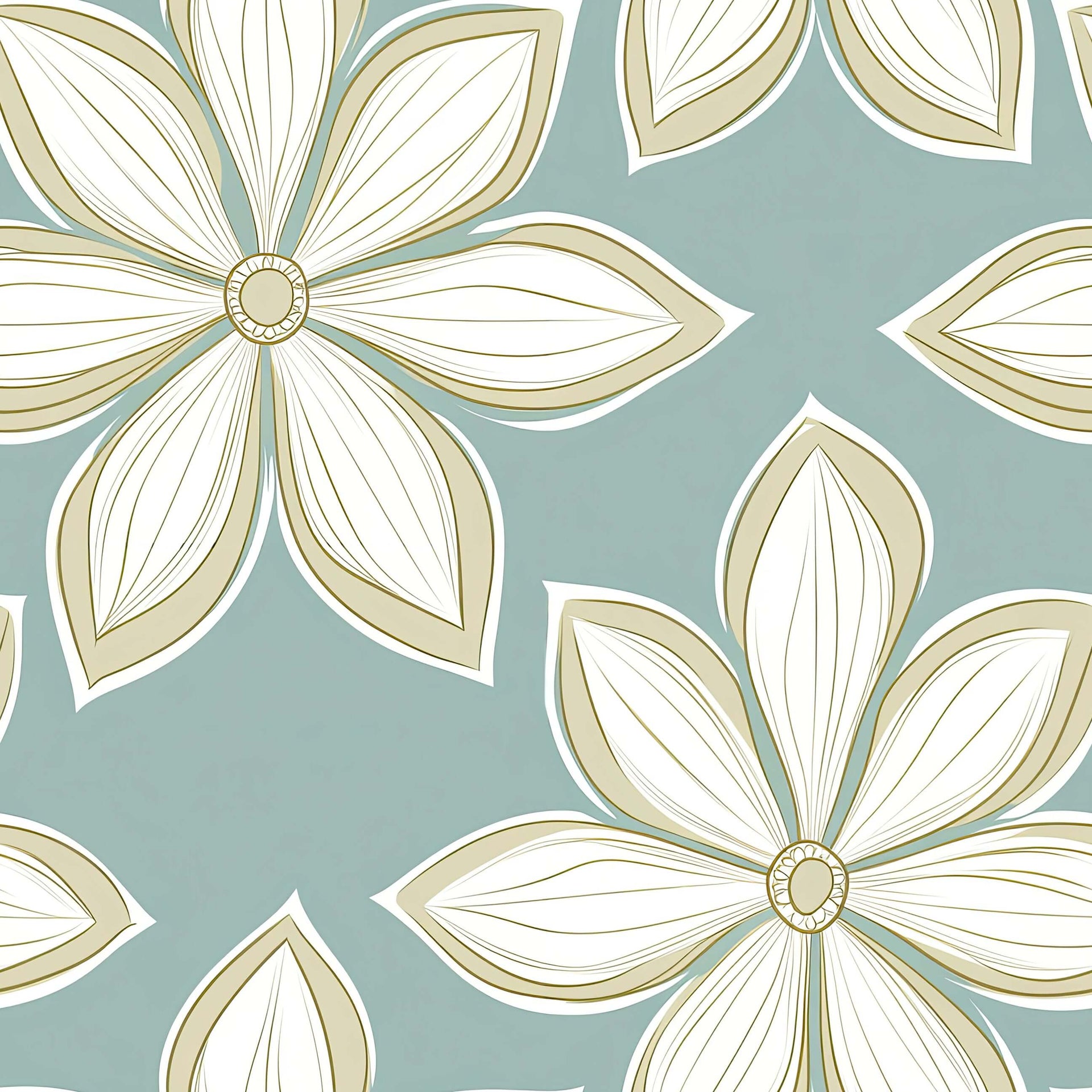 Bold mid-century modern wallpaper featuring ivory flowers with gold accents on a teal background, ideal for retro-inspired decor.