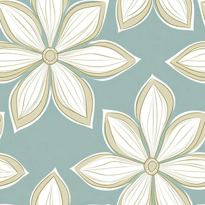 Bold mid-century modern wallpaper featuring ivory flowers with gold accents on a teal background, ideal for retro-inspired decor.