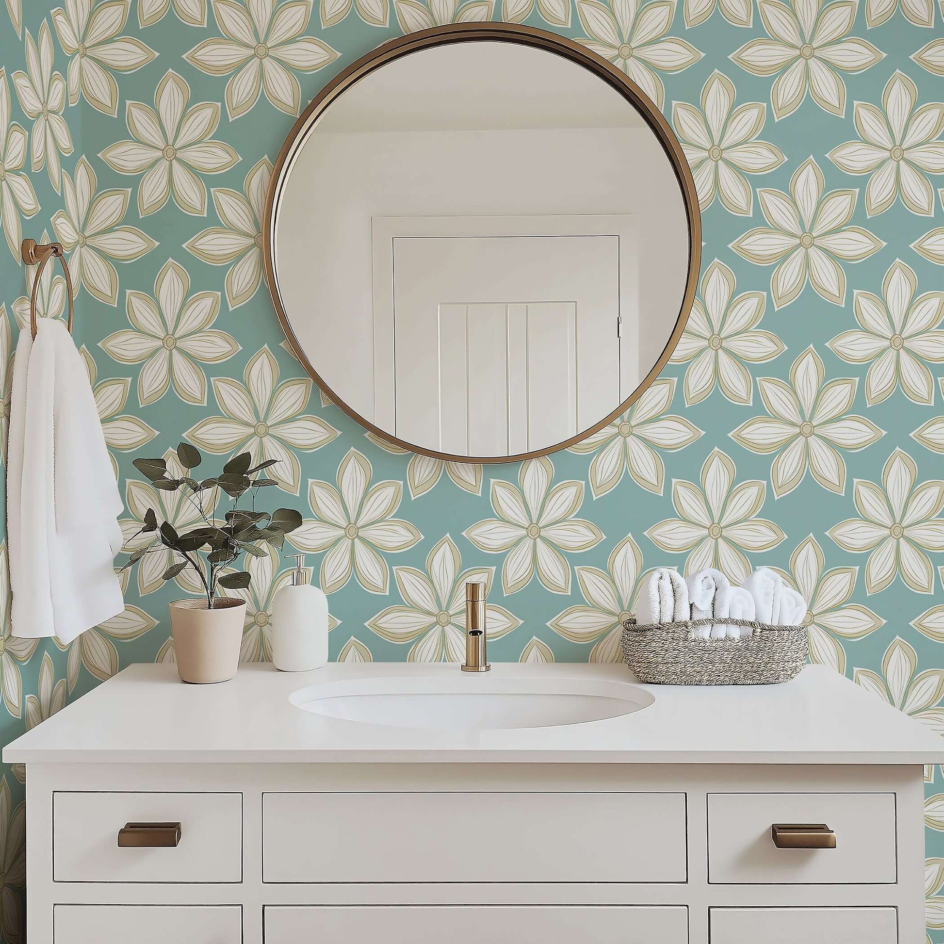 Mid-century modern wallpaper with ivory and gold flowers on teal background in bathroom.