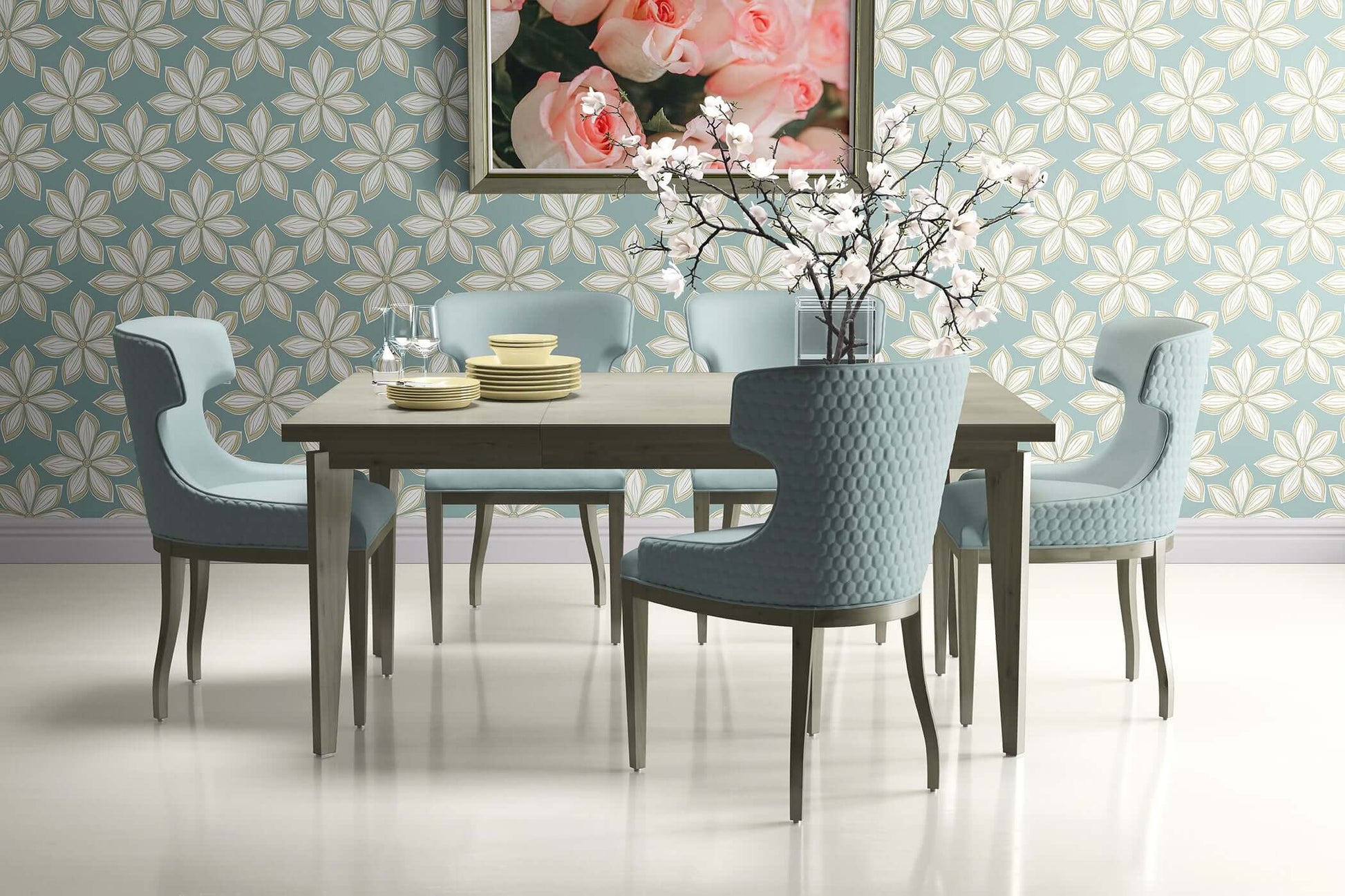Dining room with teal mid-century modern wallpaper featuring white flowers, accented by blue chairs and a wooden table.