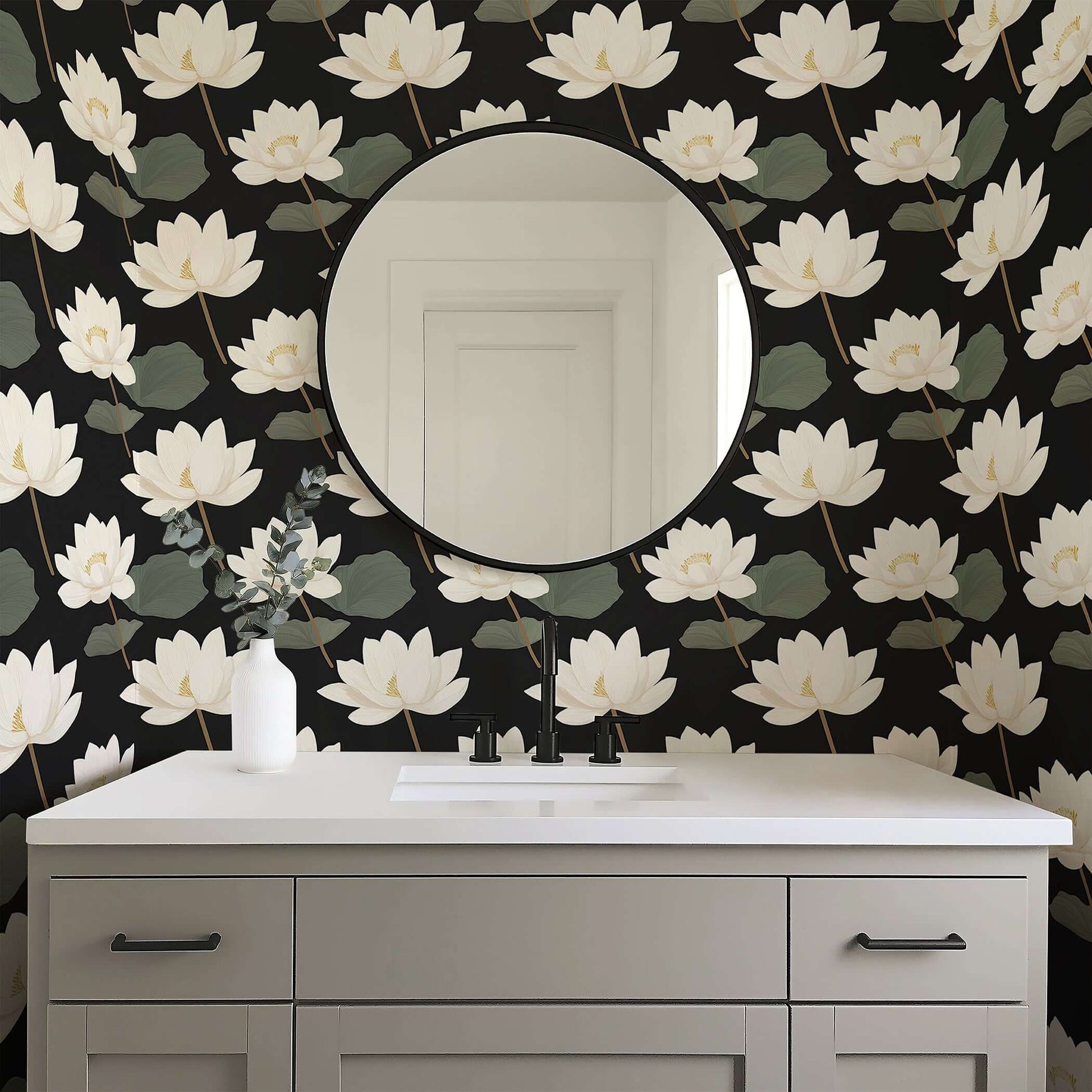 Contemporary bathroom with Midnight Lotus Bloom wallpaper featuring white lotus flowers on a black background for modern decor.
