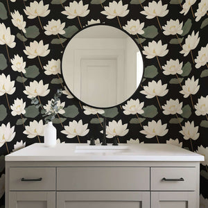 Contemporary bathroom with Midnight Lotus Bloom wallpaper featuring white lotus flowers on a black background for modern decor.