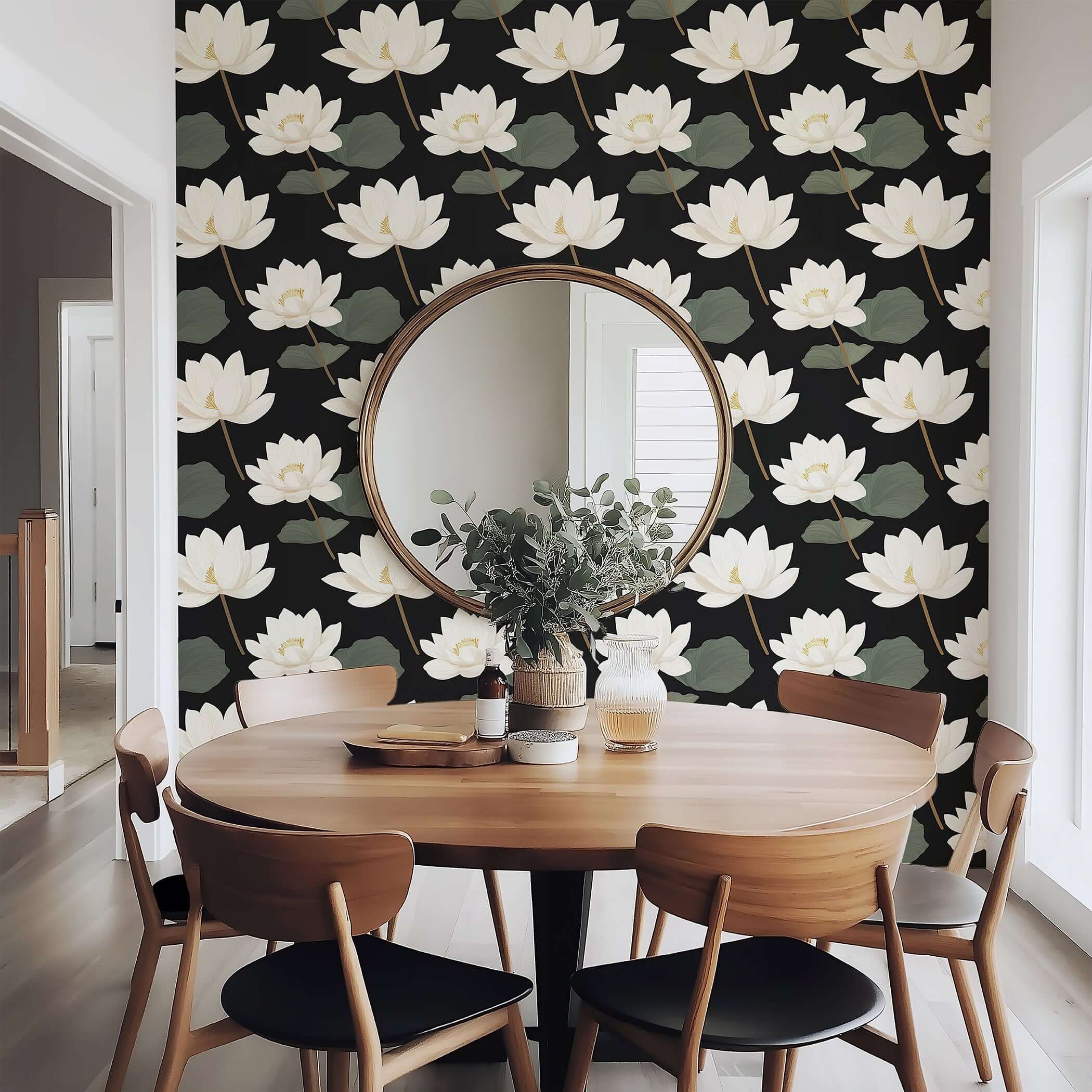 Contemporary home interior with Midnight Lotus Bloom wallpaper featuring white flowers on a black background, enhancing modern décor.