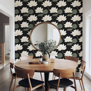 Contemporary home interior with Midnight Lotus Bloom wallpaper featuring white flowers on a black background, enhancing modern décor.