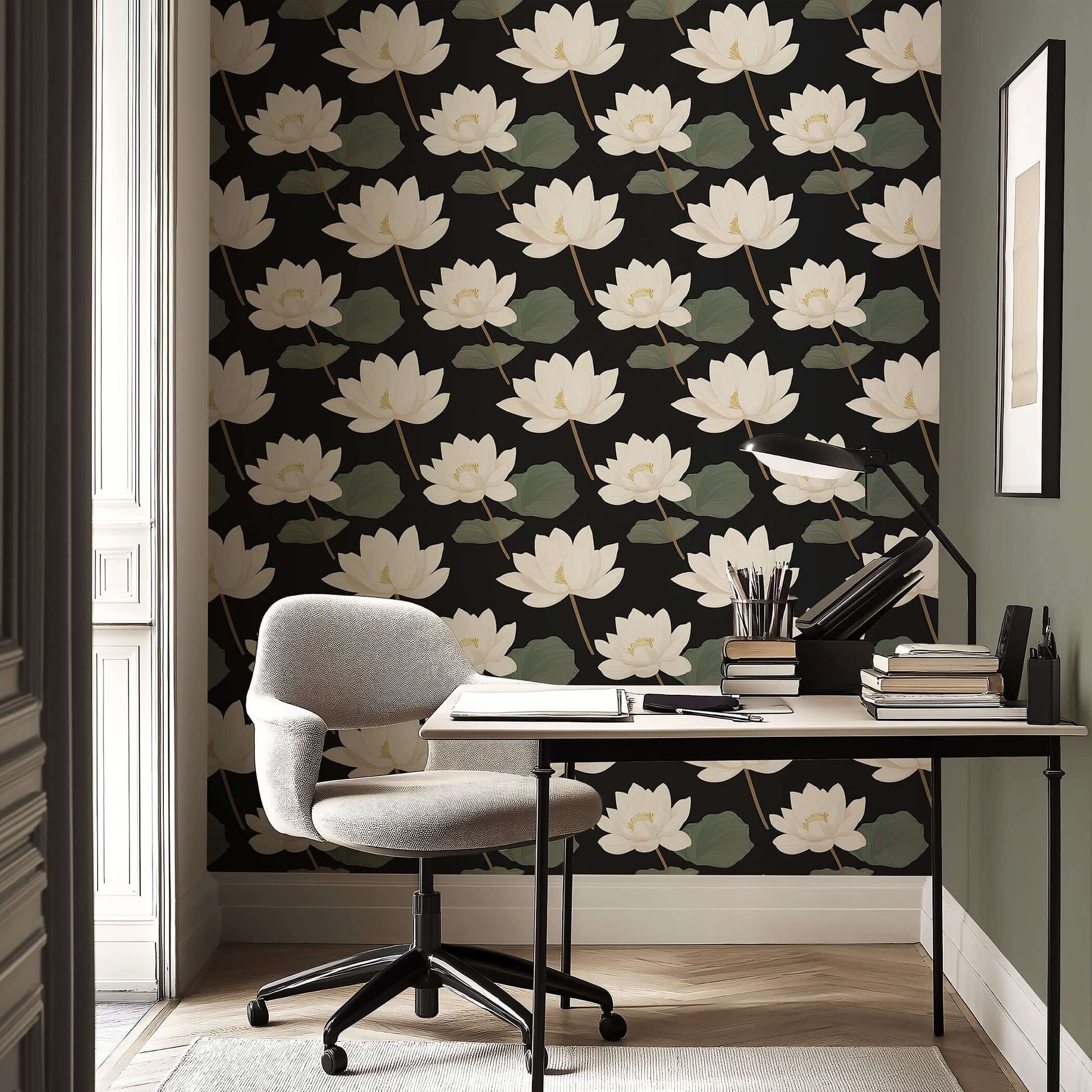 Midnight Lotus Bloom wallpaper with white flowers on a black background, complementing a modern office space with a touch of elegance.