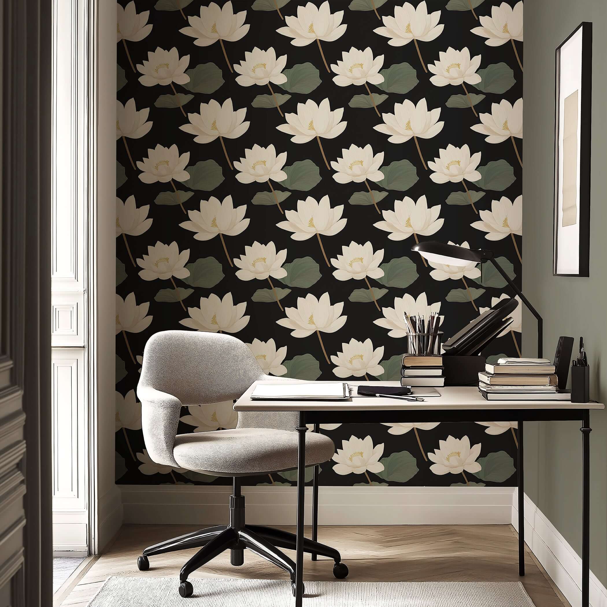 Midnight Lotus Bloom wallpaper with white flowers on a black background, complementing a modern office space with a touch of elegance.