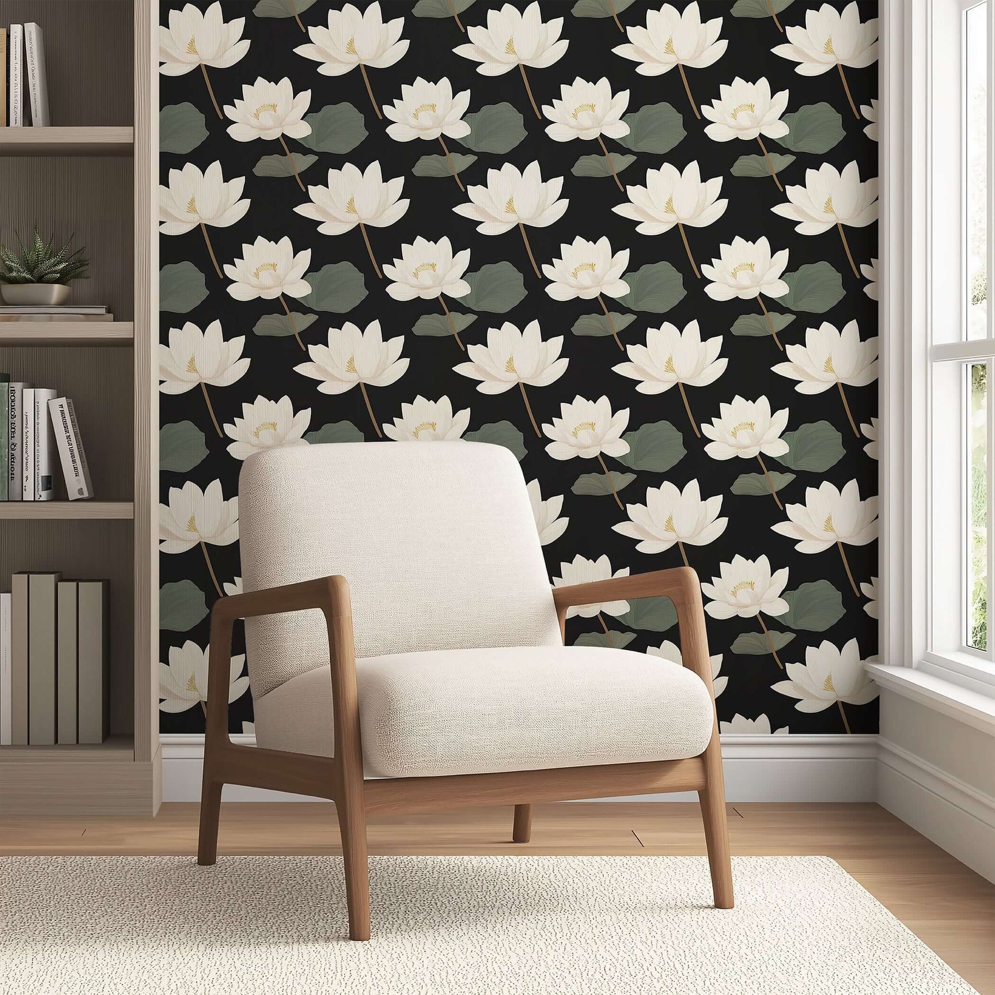 Midnight Lotus Bloom wallpaper with white flowers on black background, featuring contemporary design for modern interiors.