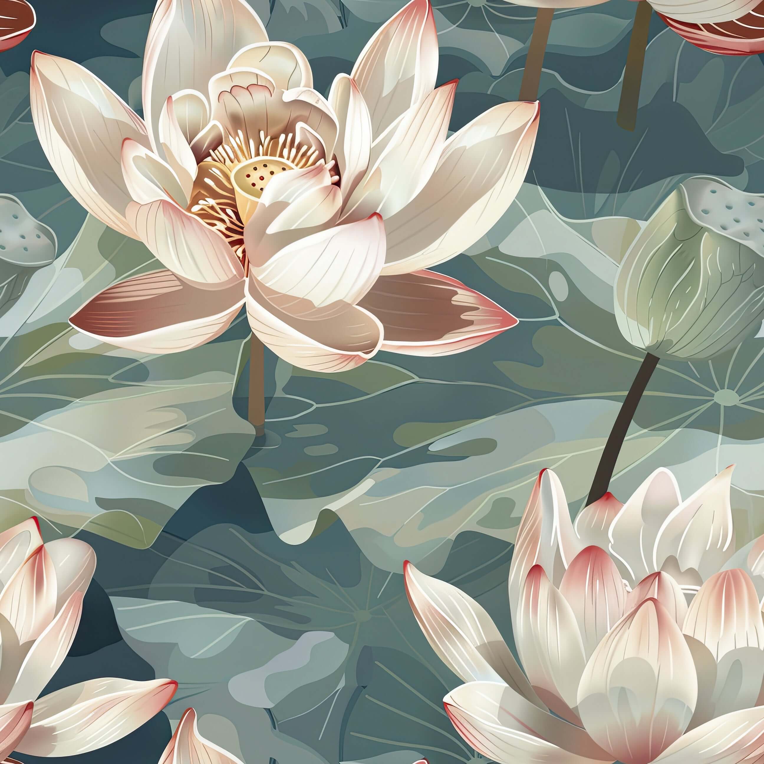 Enchanted Water Garden wallpaper featuring blooming lotus flowers and lily pads in green tones for a modern, peaceful atmosphere.