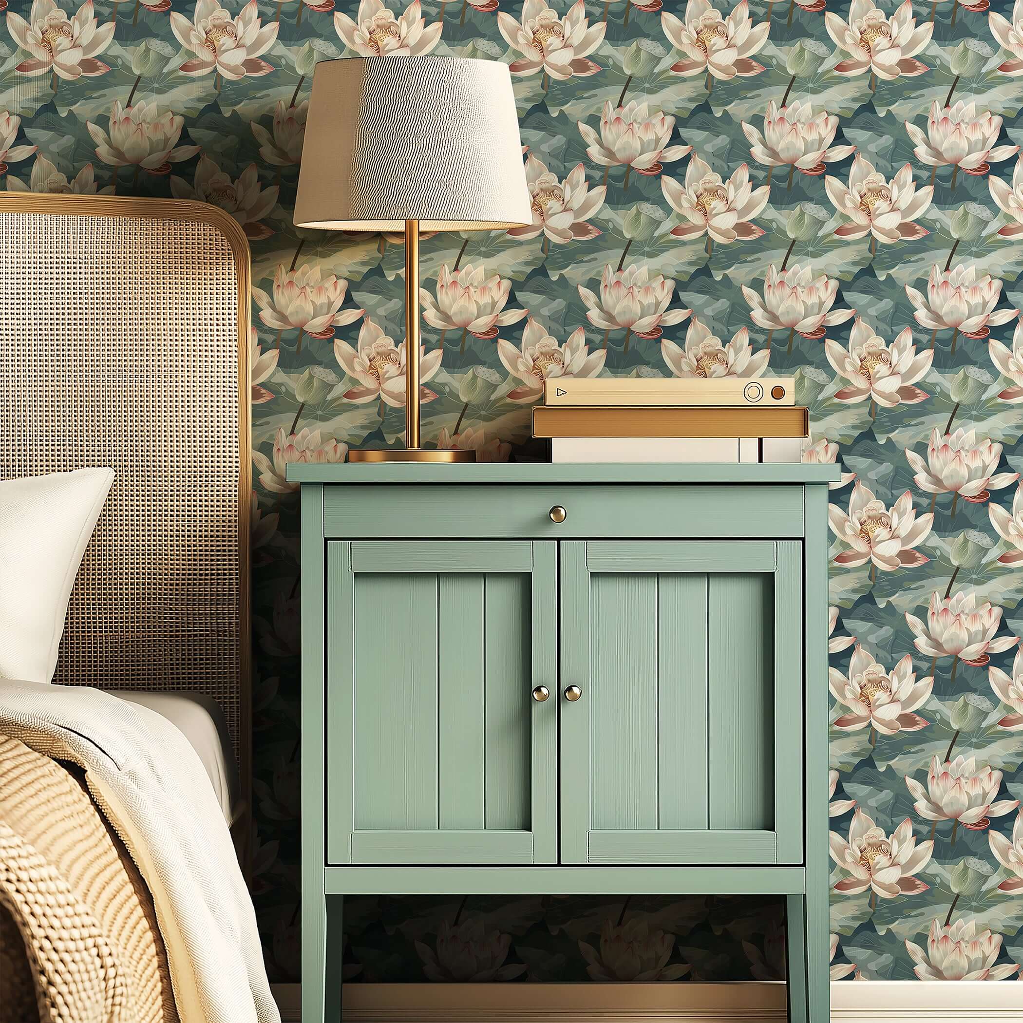 Enchanted Water Garden wallpaper with lotus flowers and lily pads, modern green design, enhances bedroom decor.