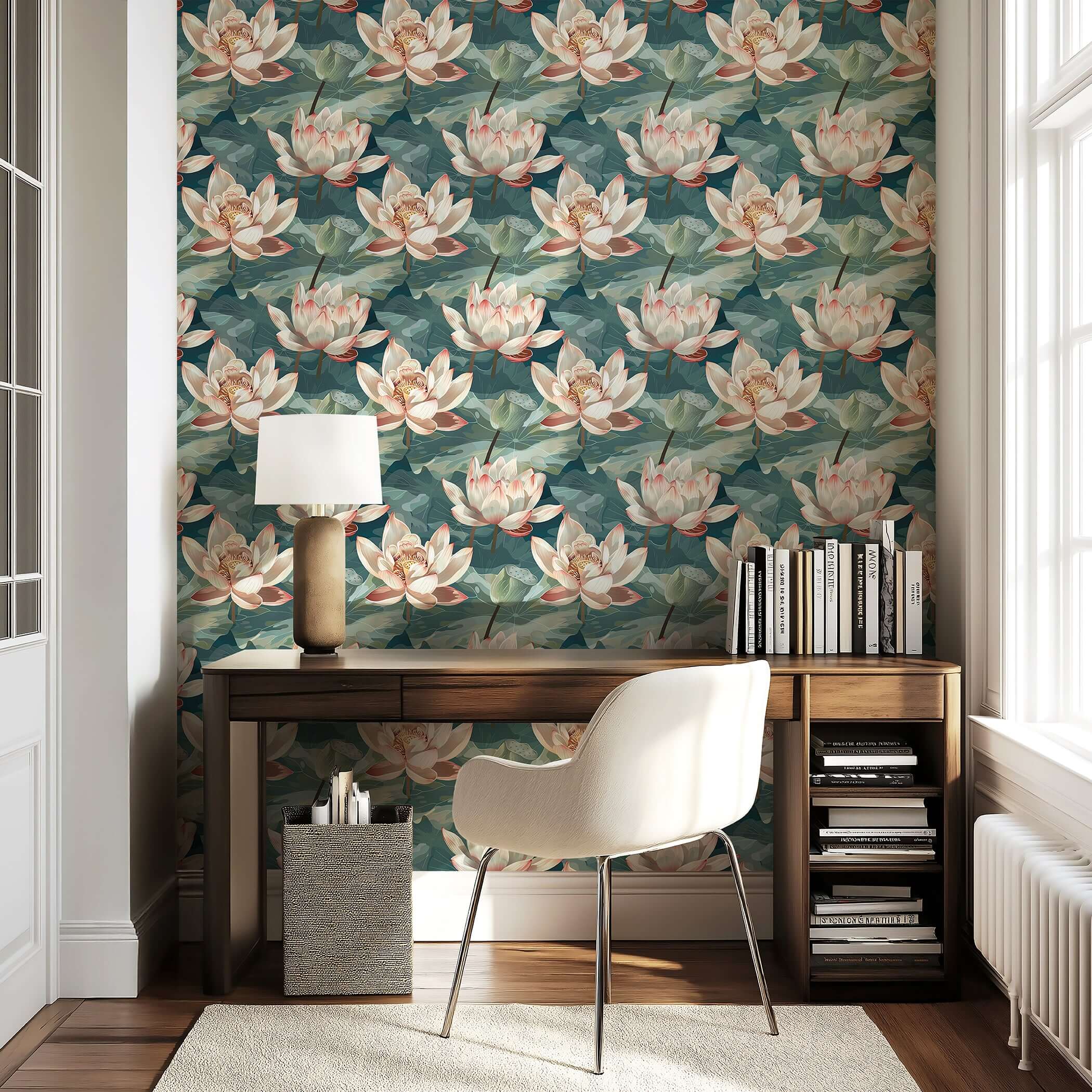 Elegant study with 'Enchanted Water Garden' wallpaper featuring lotus flowers and lily pads in green, ivory, and blush tones.