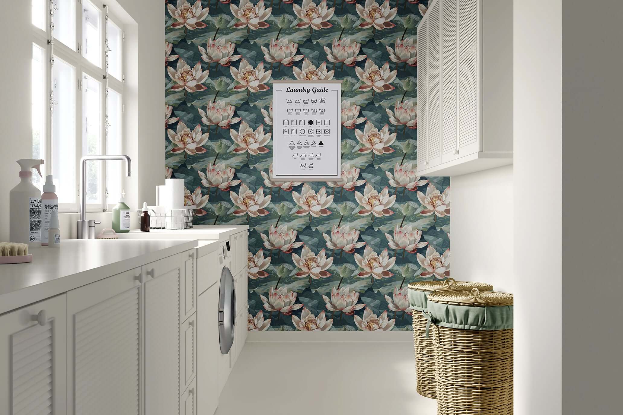 Laundry room featuring Enchanted Water Garden wallpaper with lotus flowers and lily pads in green, ivory, and blush tones.