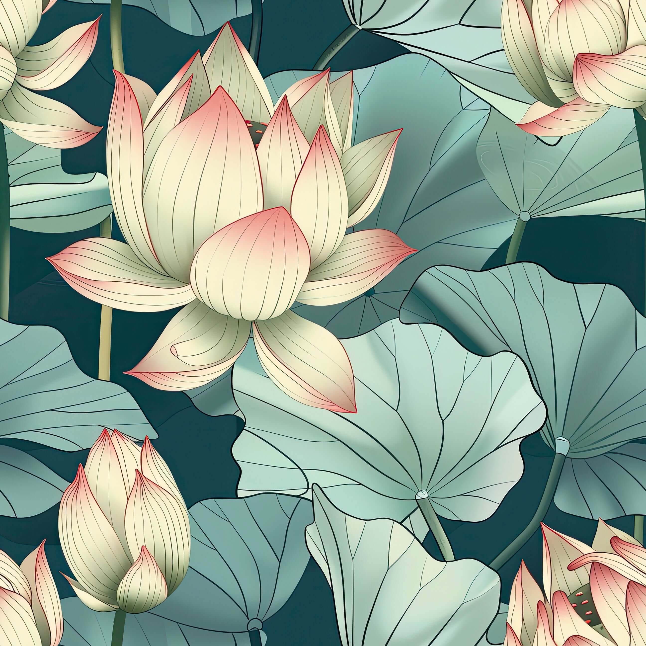 Modern wallpaper with lotus flowers and lily pads in green, white, and blush, creating a serene lily pond atmosphere.