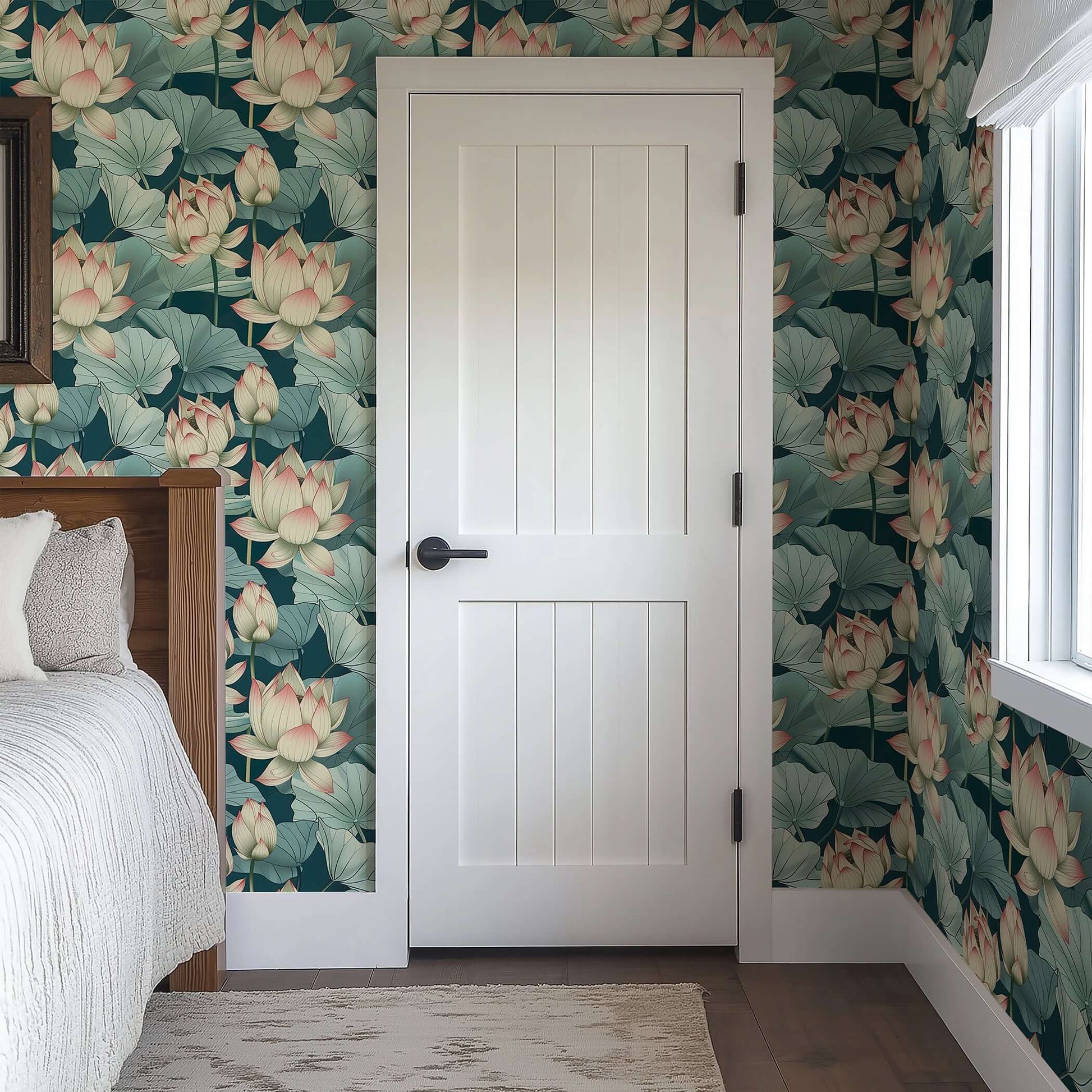 Contemporary wallpaper with lotus flowers and lily pads in green and white tones, creating a tranquil, modern bedroom setting.