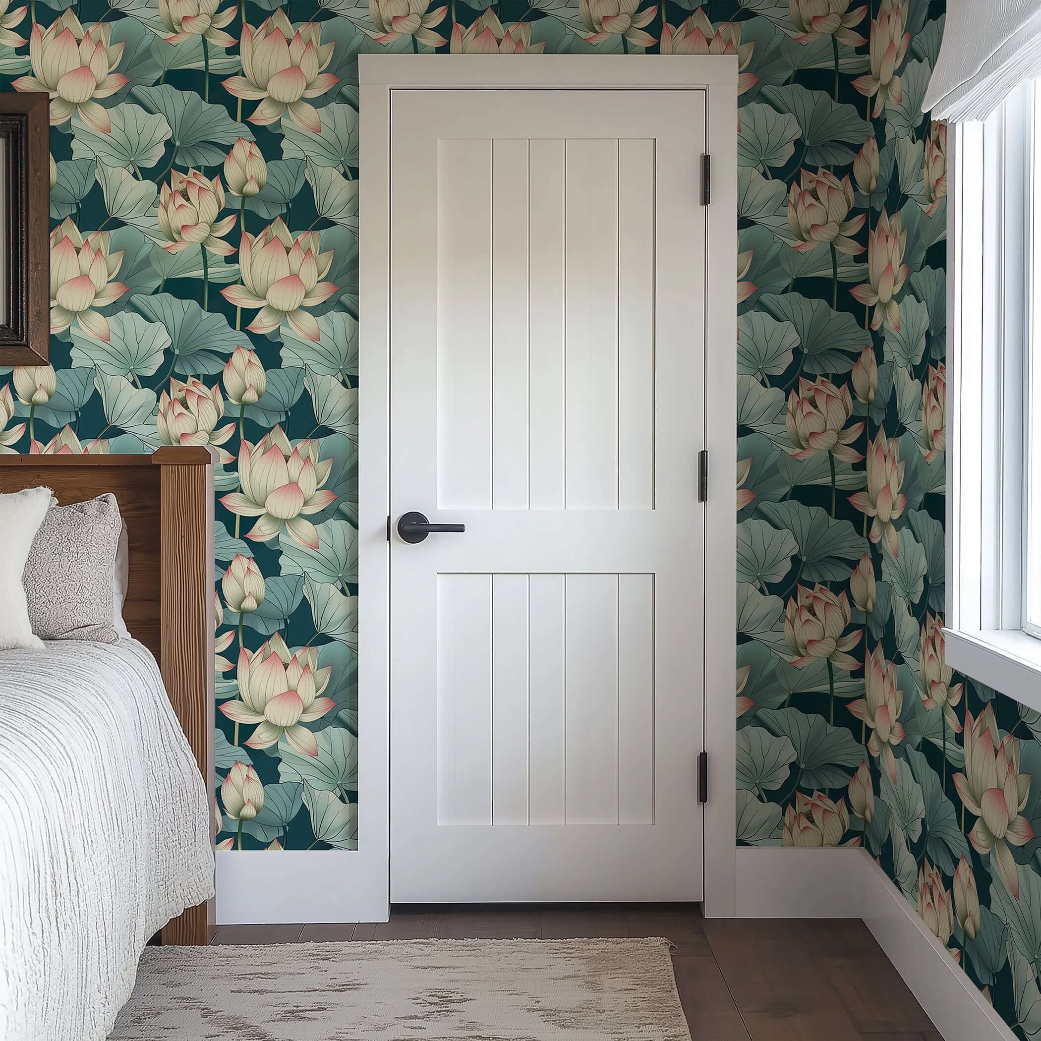 Contemporary wallpaper with lotus flowers and lily pads in green and white tones, creating a tranquil, modern bedroom setting.