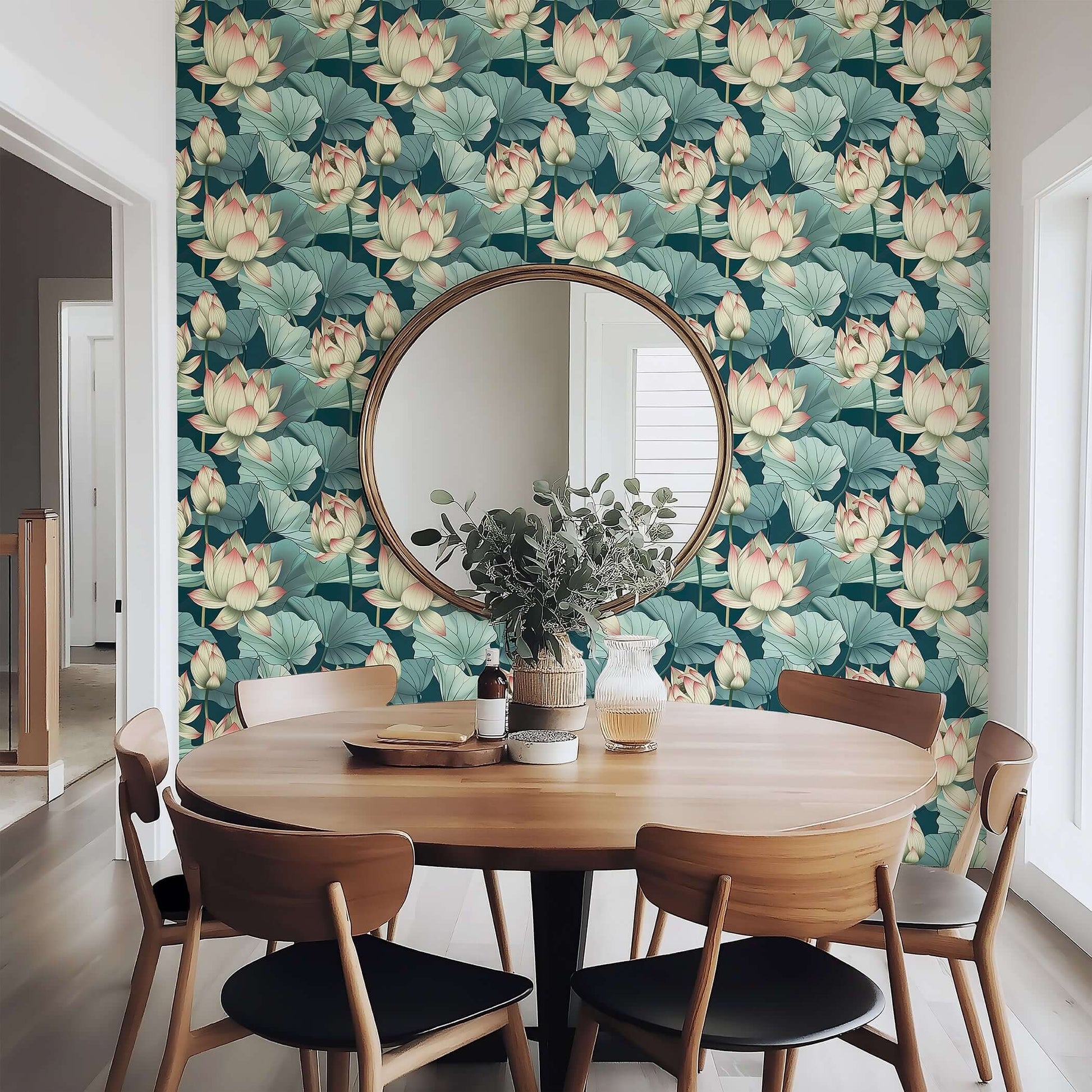 Modern dining area with Tranquil Lotus Waters wallpaper, featuring green, white lotus flowers and lily pads for a contemporary look.
