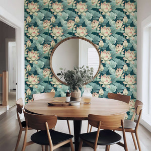 Modern dining area with Tranquil Lotus Waters wallpaper, featuring green, white lotus flowers and lily pads for a contemporary look.