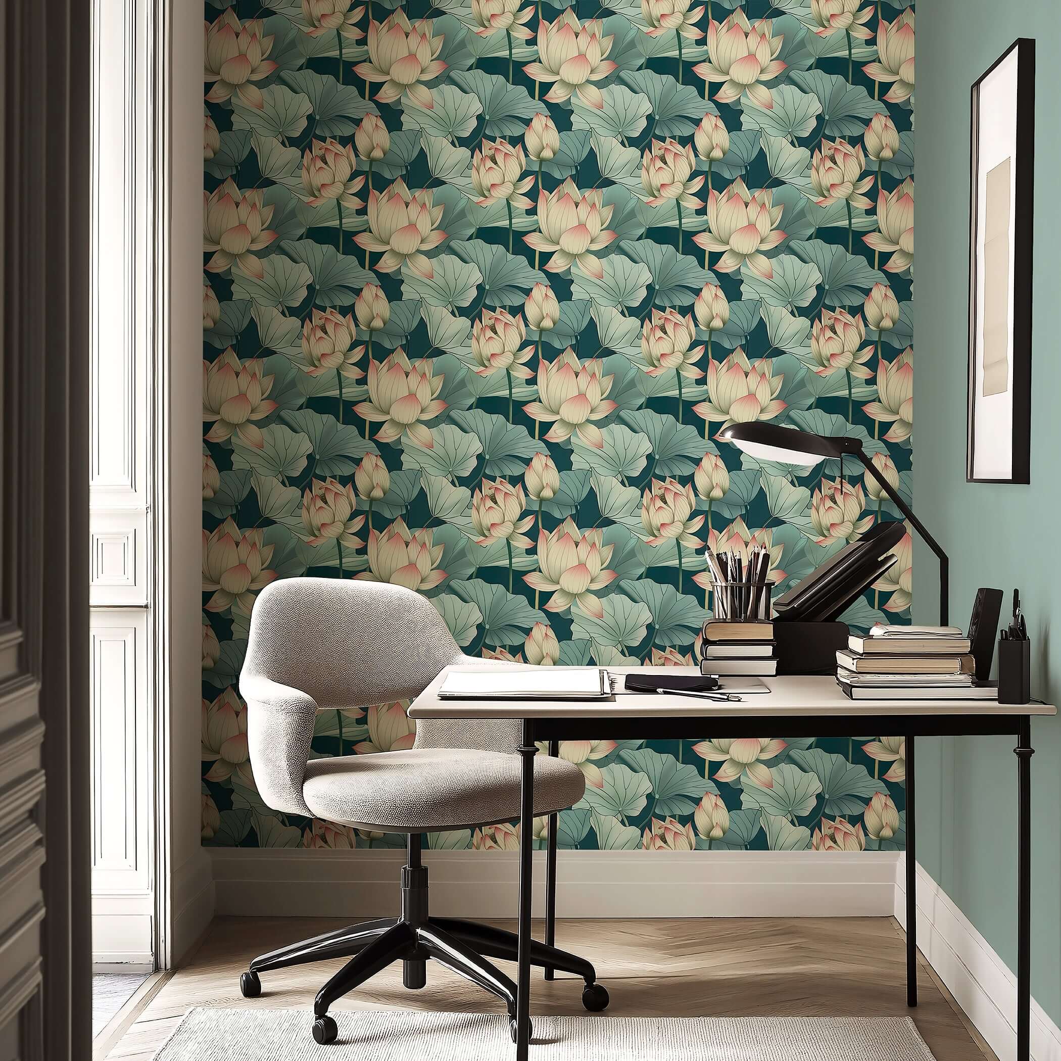 Modern room with Tranquil Lotus Waters wallpaper featuring lotus flowers and lily pads in green and white for a contemporary look.