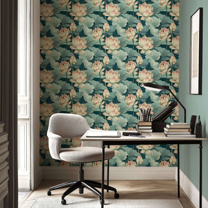 Modern room with Tranquil Lotus Waters wallpaper featuring lotus flowers and lily pads in green and white for a contemporary look.