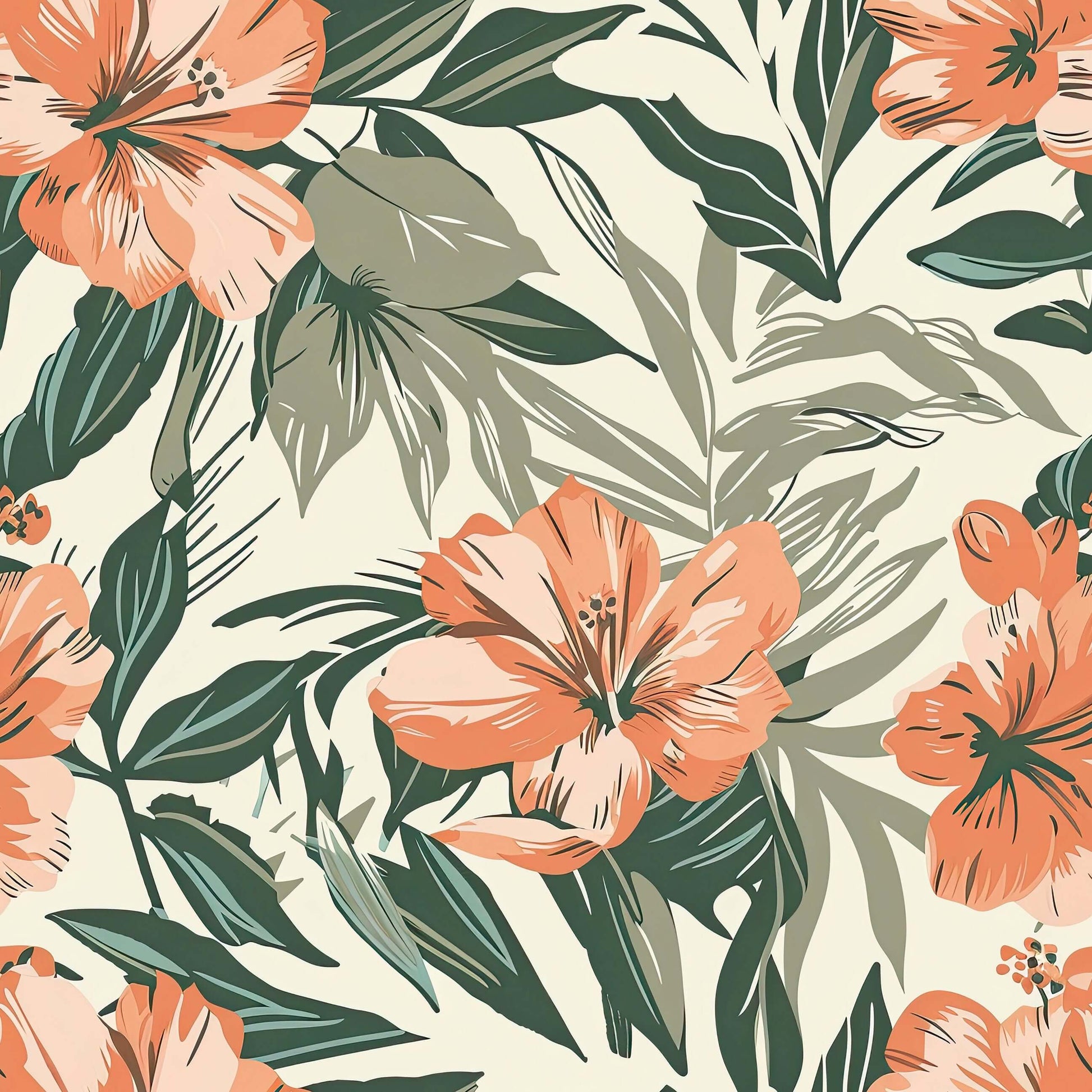 Botanical Breeze wallpaper with coral hibiscus-like flowers and green foliage on a neutral backdrop, featuring tropical coastal botanicals.