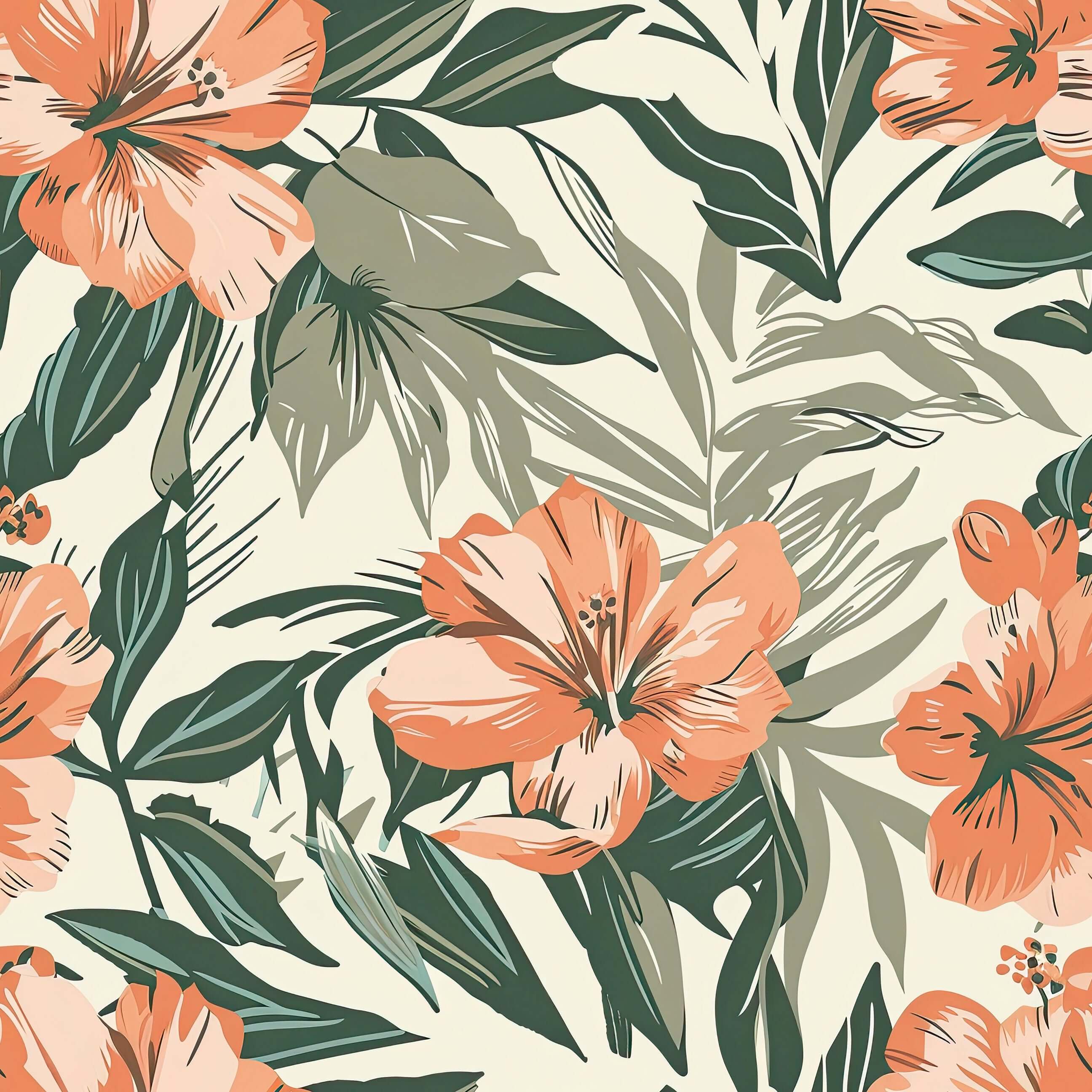 Botanical Breeze wallpaper with coral hibiscus-like flowers and green foliage on a neutral backdrop, featuring tropical coastal botanicals.