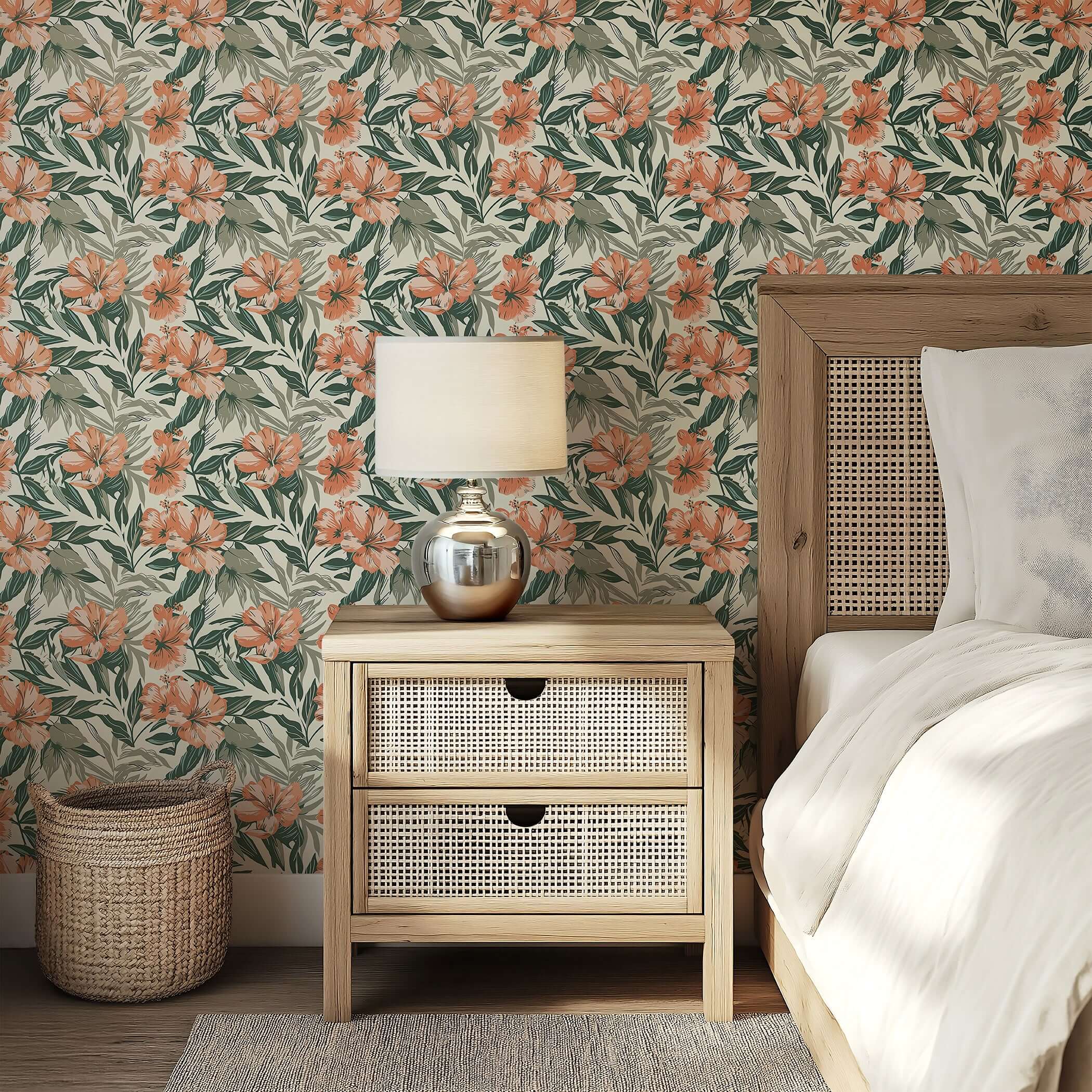 Botanical Breeze wallpaper with coral flowers and green foliage, ideal for coastal decor in feature walls and living areas.
