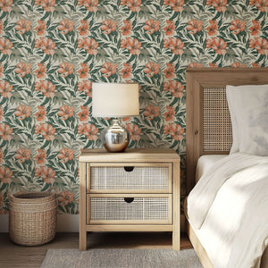 Botanical Breeze wallpaper with coral flowers and green foliage, ideal for coastal decor in feature walls and living areas.