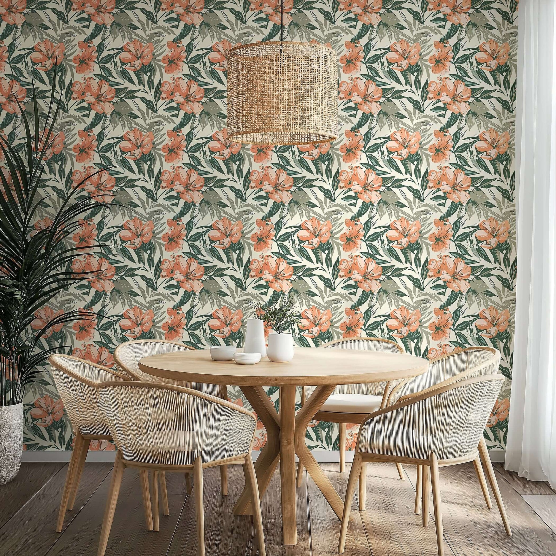 Botanical Breeze wallpaper with coral hibiscus flowers and green foliage, perfect for a coastal and tropical decor.