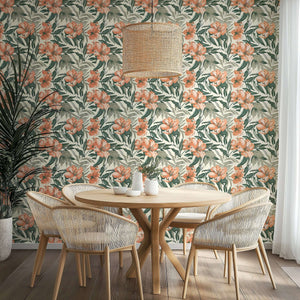 Botanical Breeze wallpaper with coral hibiscus flowers and green foliage, perfect for a coastal and tropical decor.