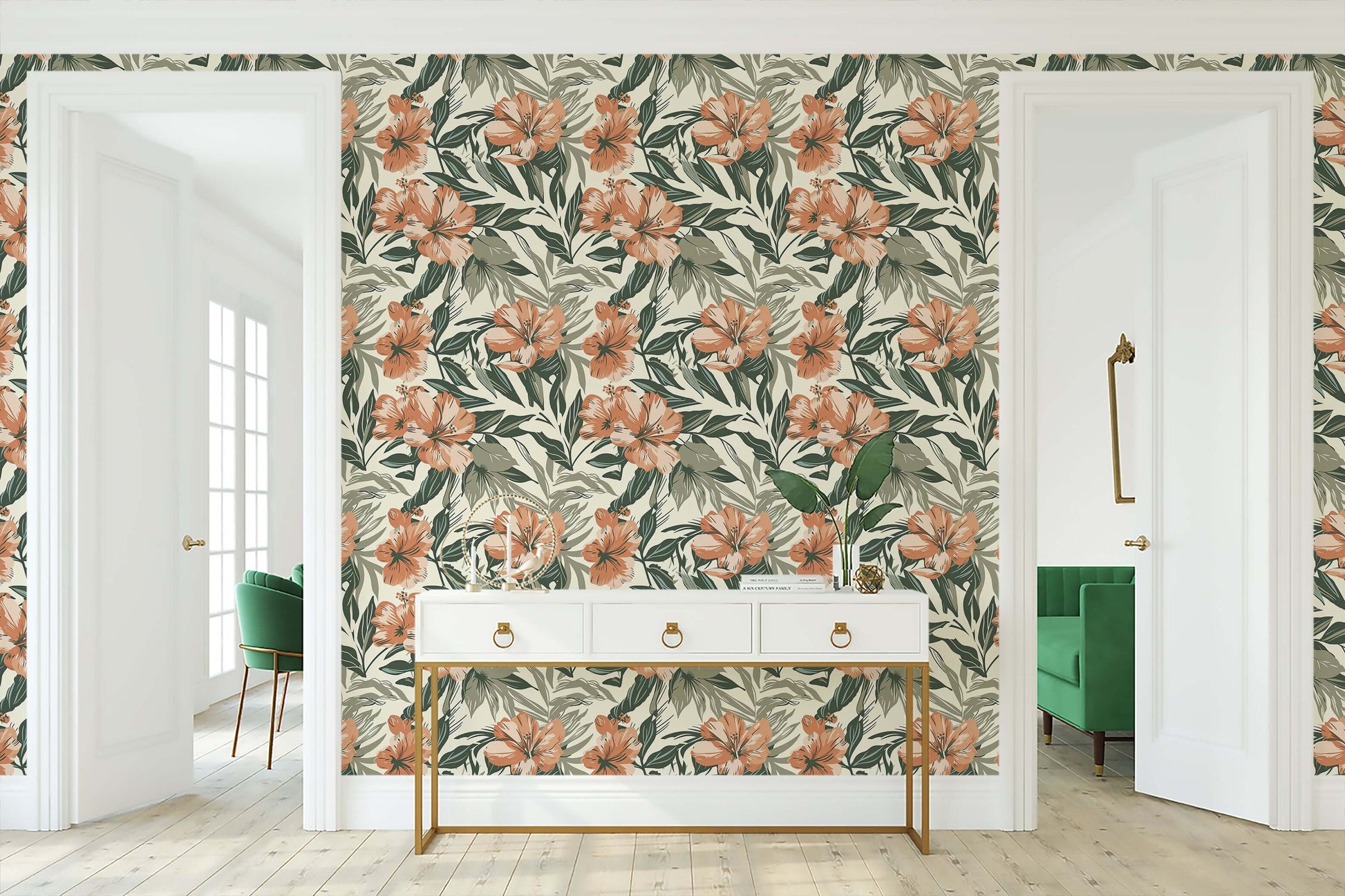 Botanical Breeze tropical wallpaper with coral flowers and green foliage on neutral backdrop, perfect for coastal and living areas.