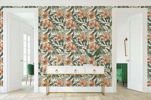 Botanical Breeze tropical wallpaper with coral flowers and green foliage on neutral backdrop, perfect for coastal and living areas.