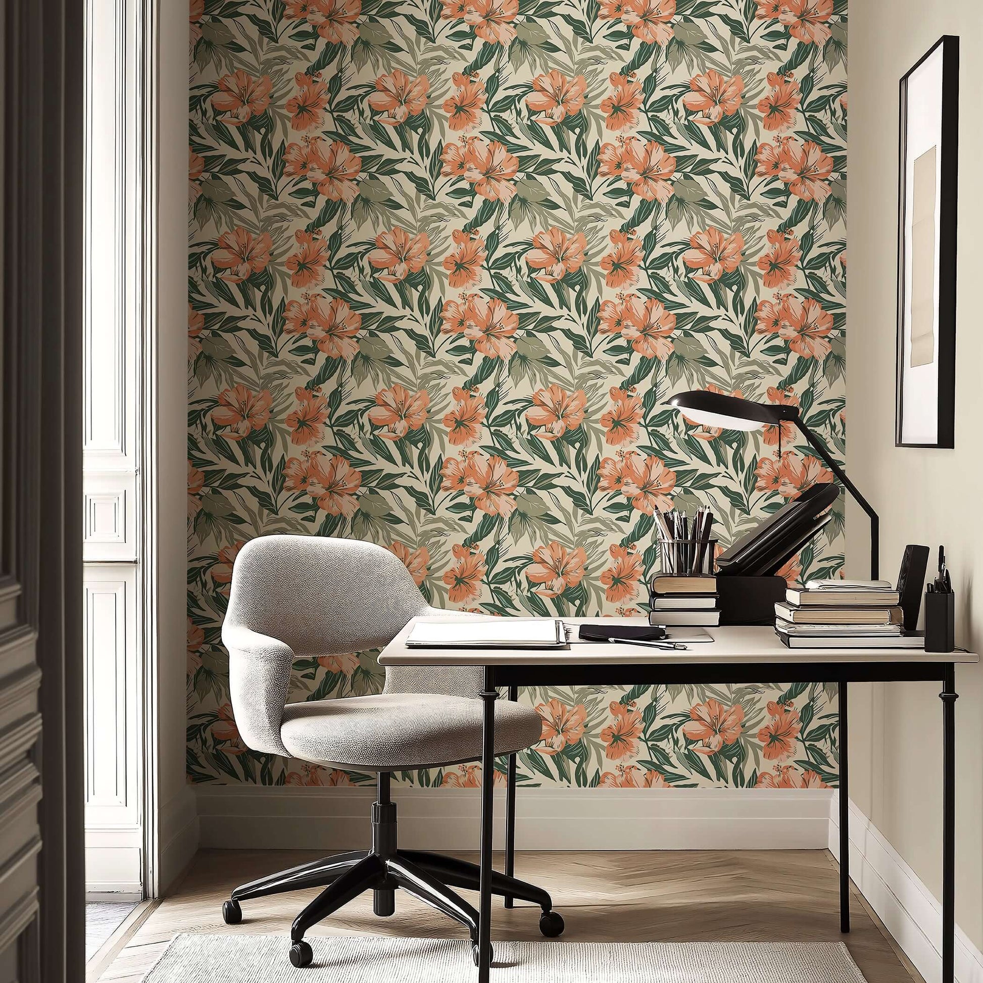 Botanical Breeze wallpaper with tropical hibiscus-like flowers in coral and green foliage, perfect for coastal and contemporary spaces.
