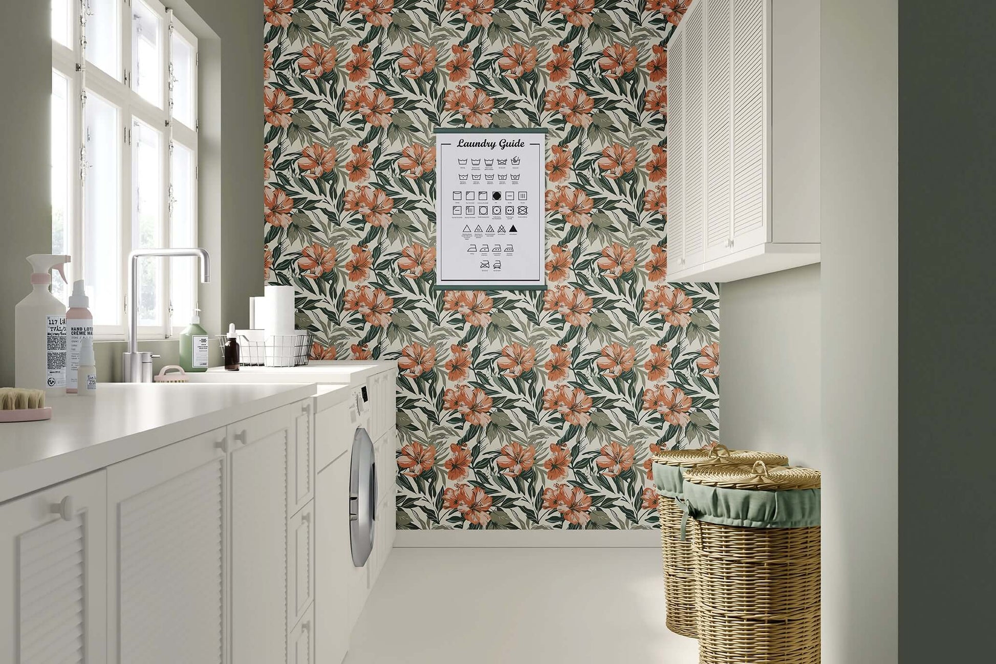 Laundry room featuring "Botanical Breeze" tropical wallpaper with coral flowers and green foliage, adding coastal style.
