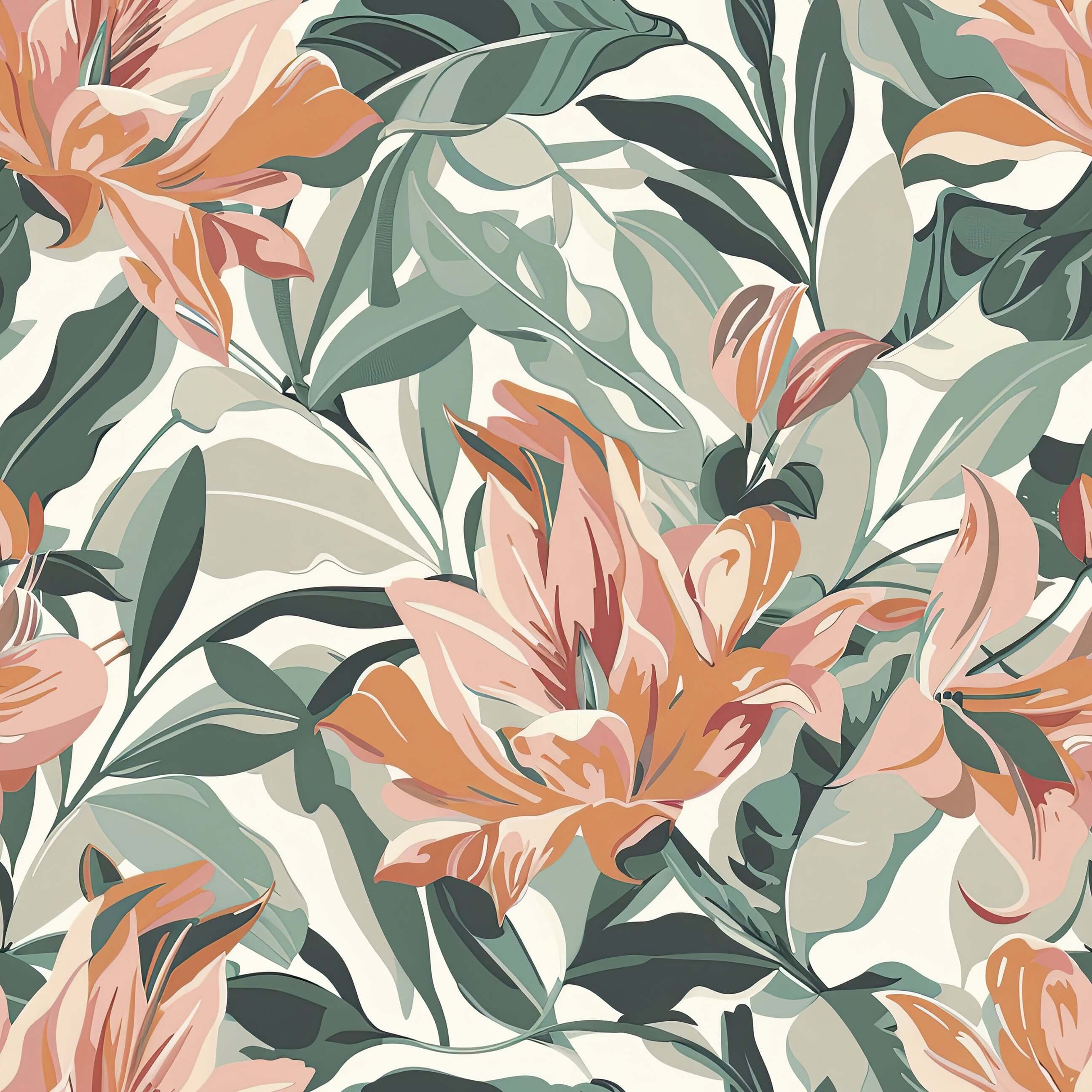 Floral wallpaper featuring coral and peach petals with green foliage, ideal for tropical, botanical, marine, and coastal interiors.