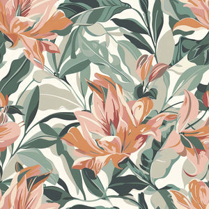 Floral wallpaper featuring coral and peach petals with green foliage, ideal for tropical, botanical, marine, and coastal interiors.