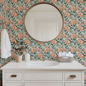 Sunlit Garden wallpaper with coral tropical flowers and green foliage, adding coastal charm to a modern bathroom space.