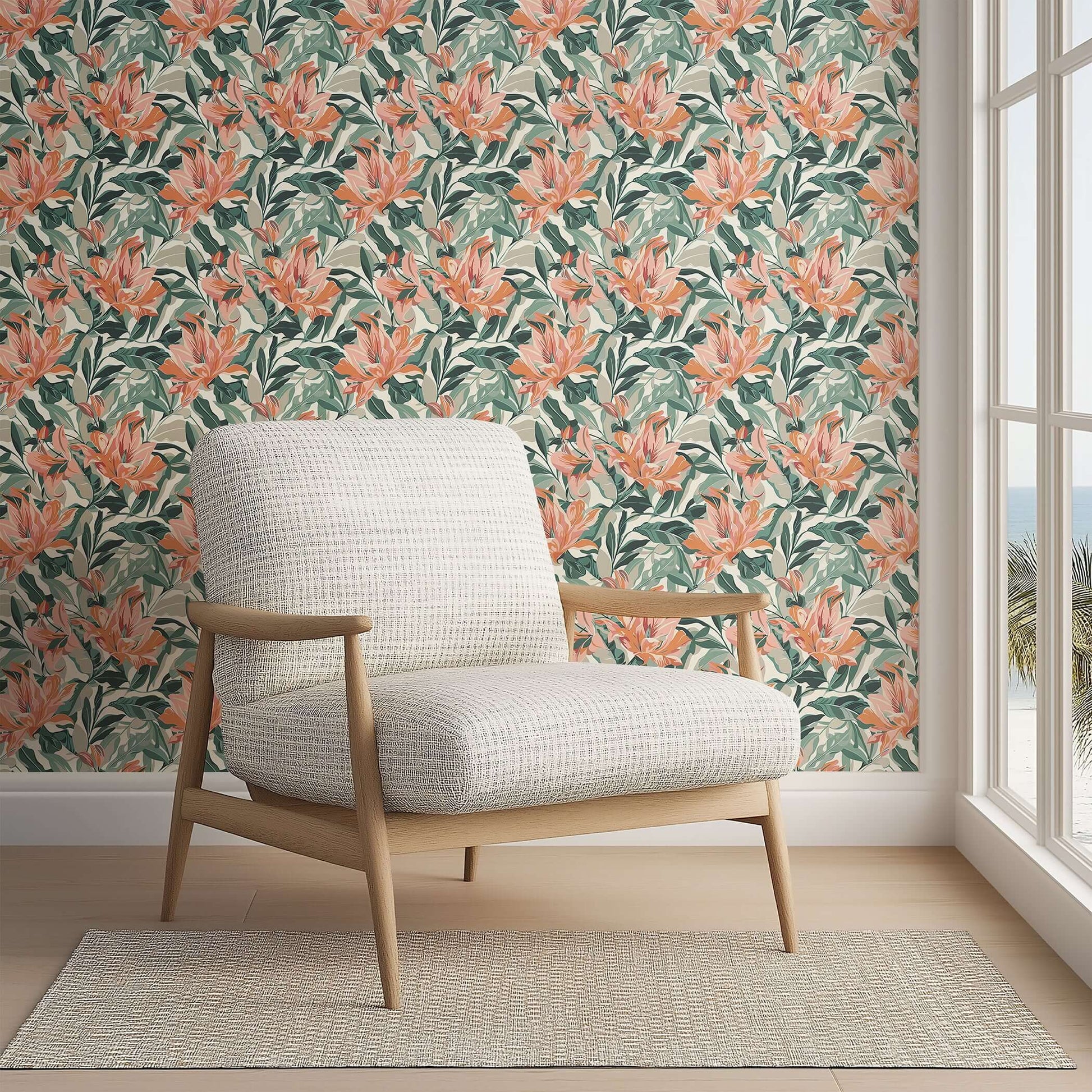 Living room chair with Sunlit Garden wallpaper featuring coral, orange tropical flowers, and green foliage for a coastal vibe.