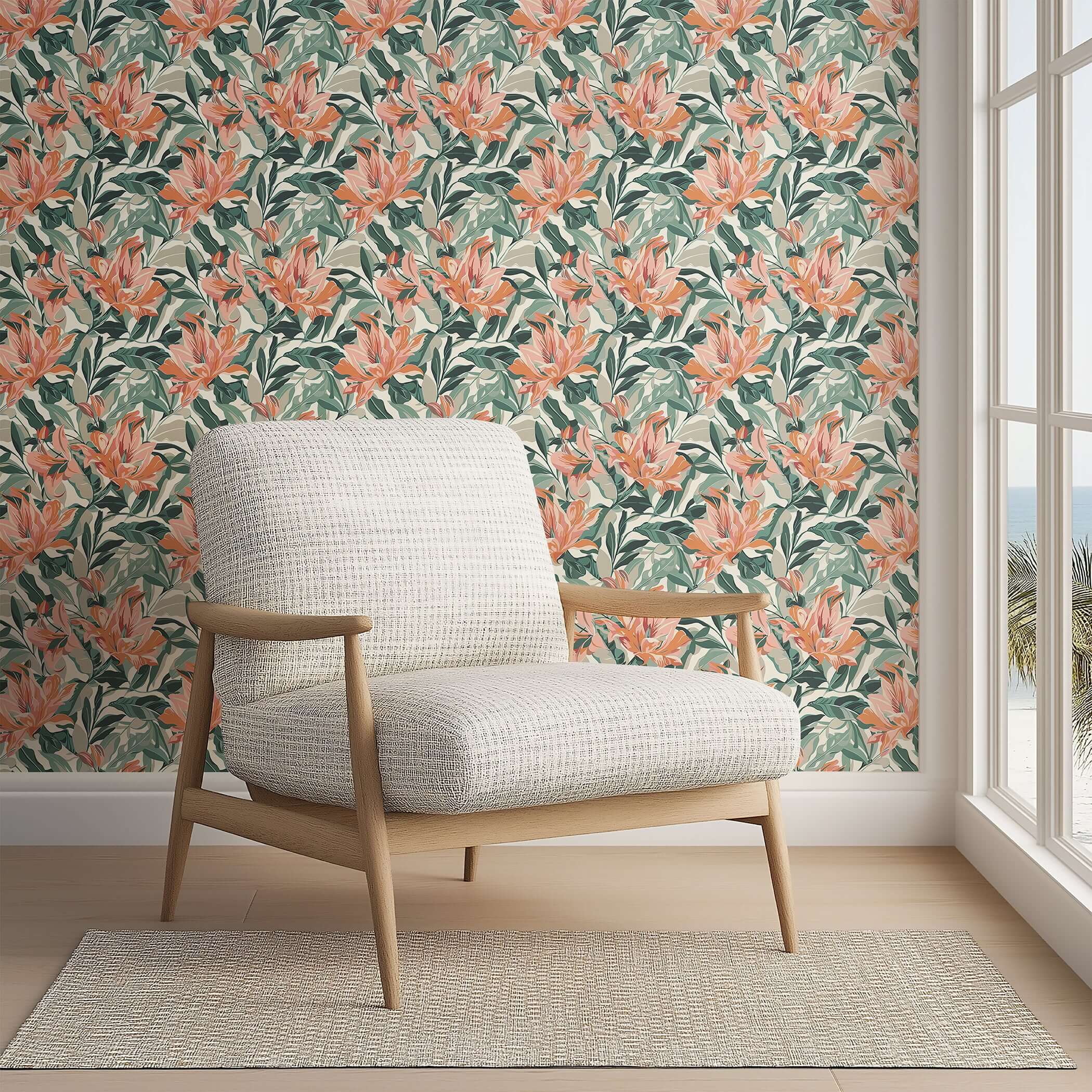 Living room chair with Sunlit Garden wallpaper featuring coral, orange tropical flowers, and green foliage for a coastal vibe.
