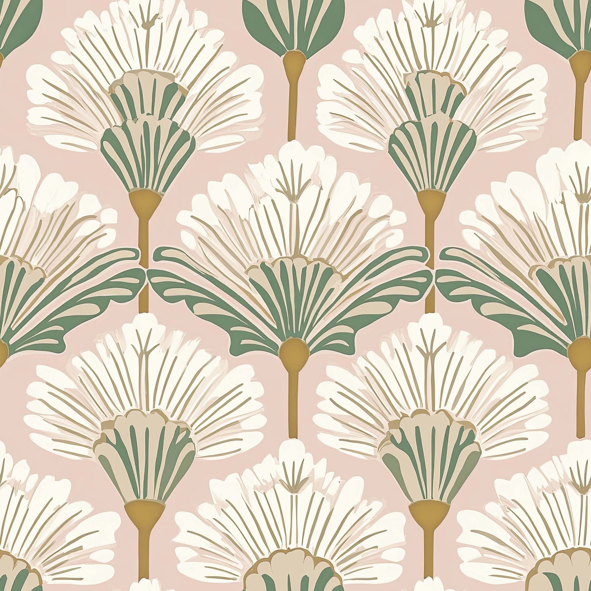 Art Nouveau floral wallpaper with ivory, sage green, and muted gold fan-shaped flowers on a blush pink background.