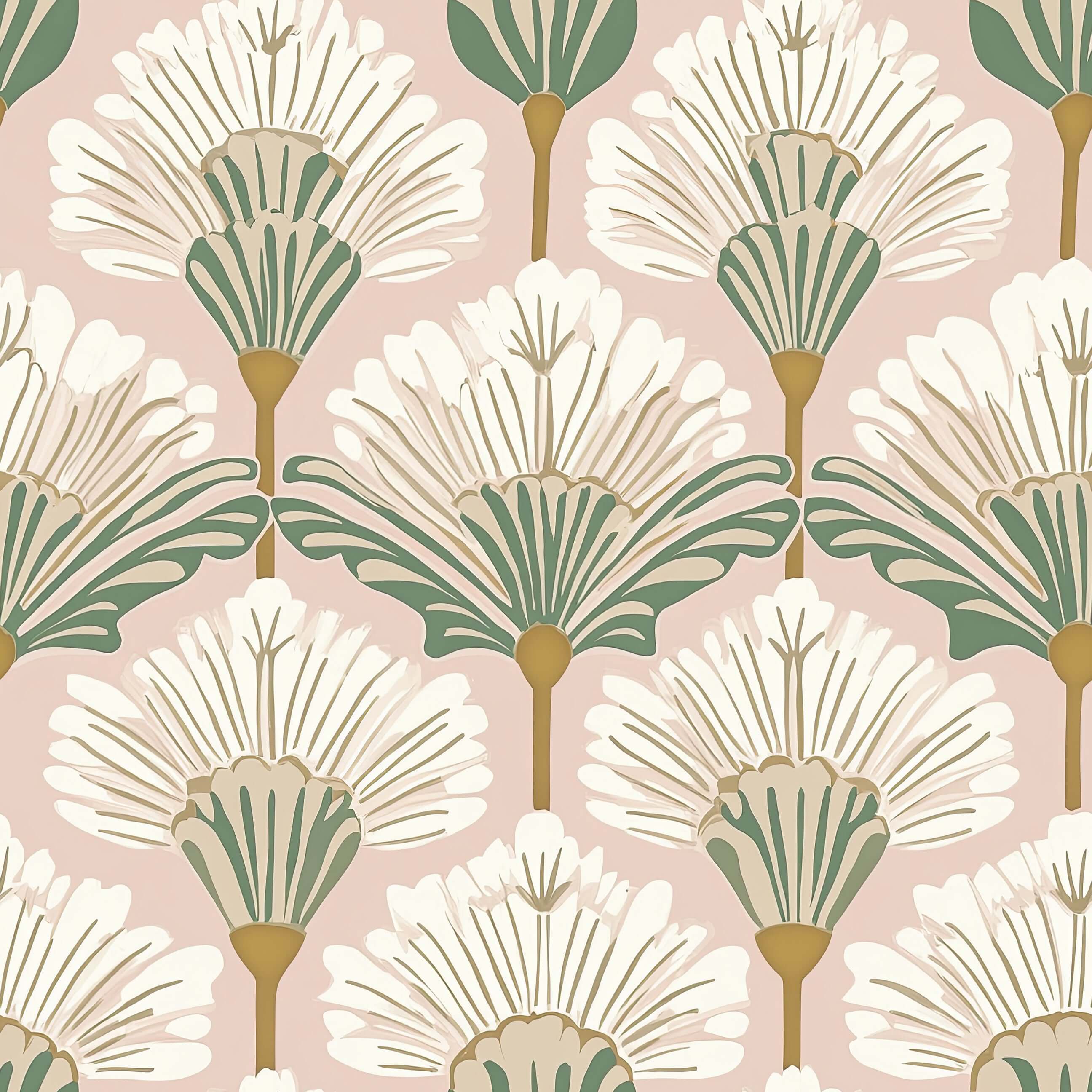 Art Nouveau floral wallpaper with ivory, sage green, and muted gold fan-shaped flowers on a blush pink background.