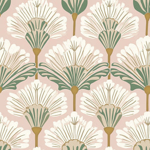 Art Nouveau floral wallpaper with ivory, sage green, and muted gold fan-shaped flowers on a blush pink background.